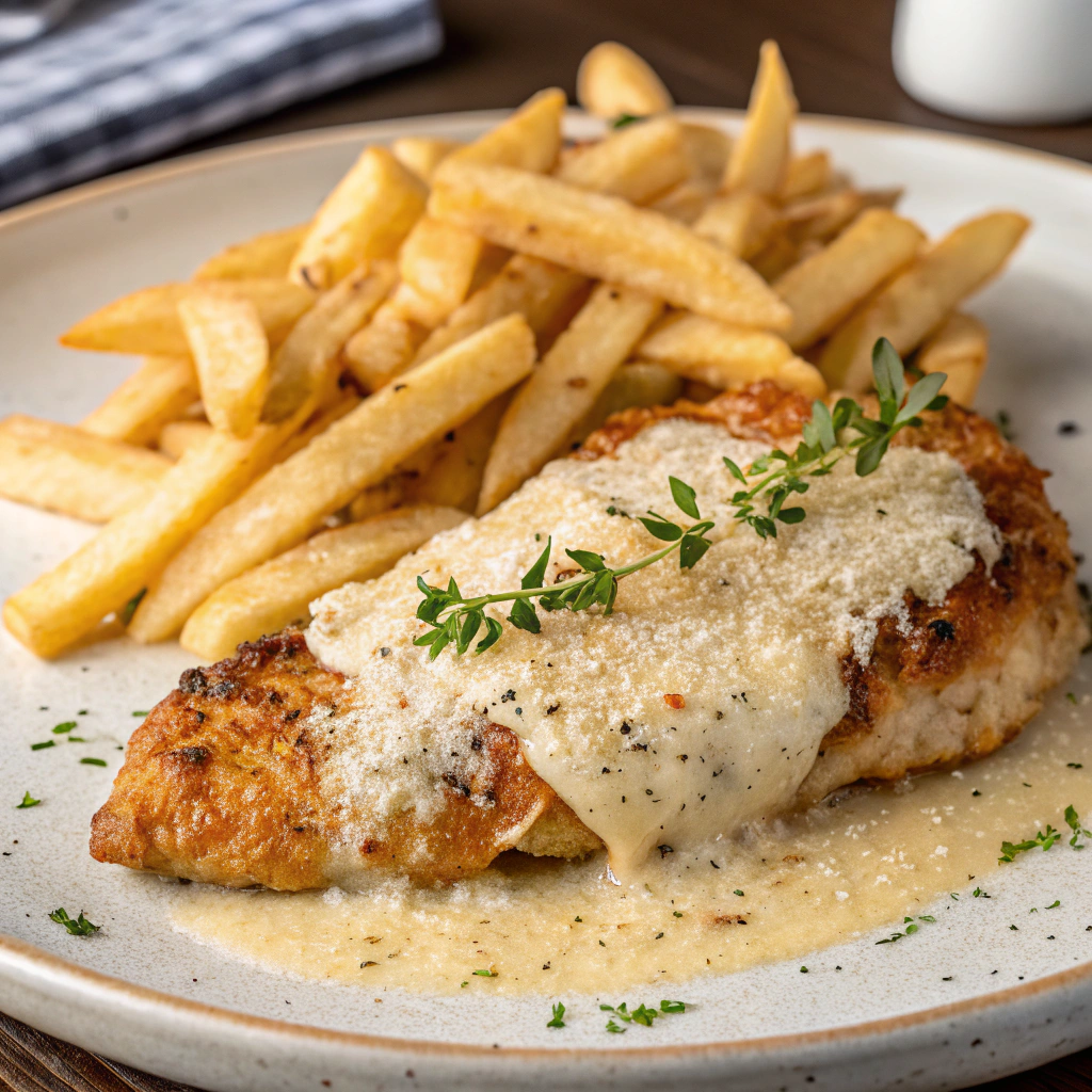 Kycklingfilé i Vitlöks- och Parmesansås med Pommes Frites