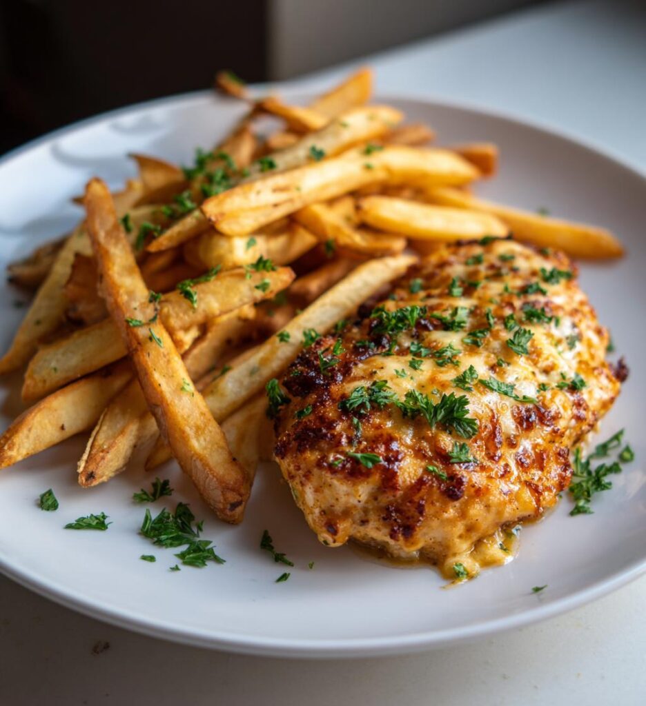 Kryddig Kycklingfilé med Vitlöksparmesan och Pommes