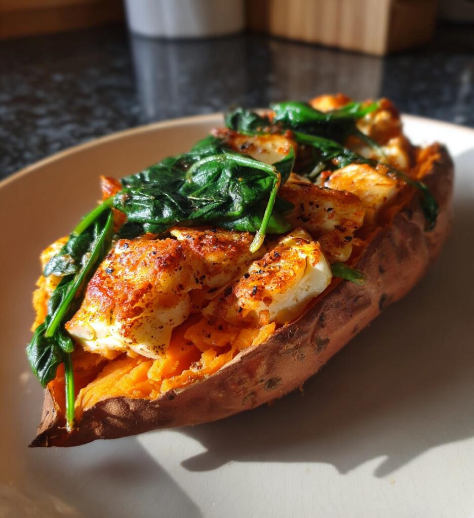 Bakad Sötpotatis med Halloumi och Spenat