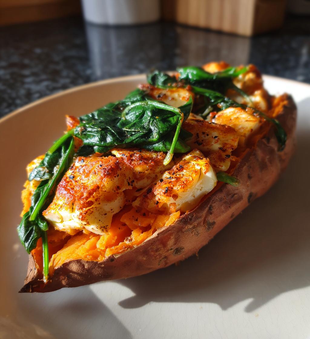 Bakad Sötpotatis med Halloumi och Spenat