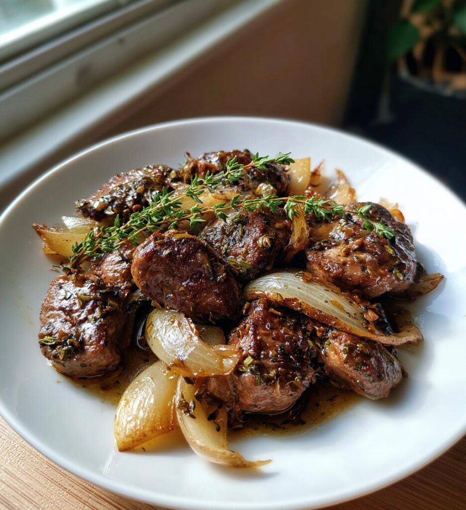 Stekt Kycklinglever med Äpple och Lök