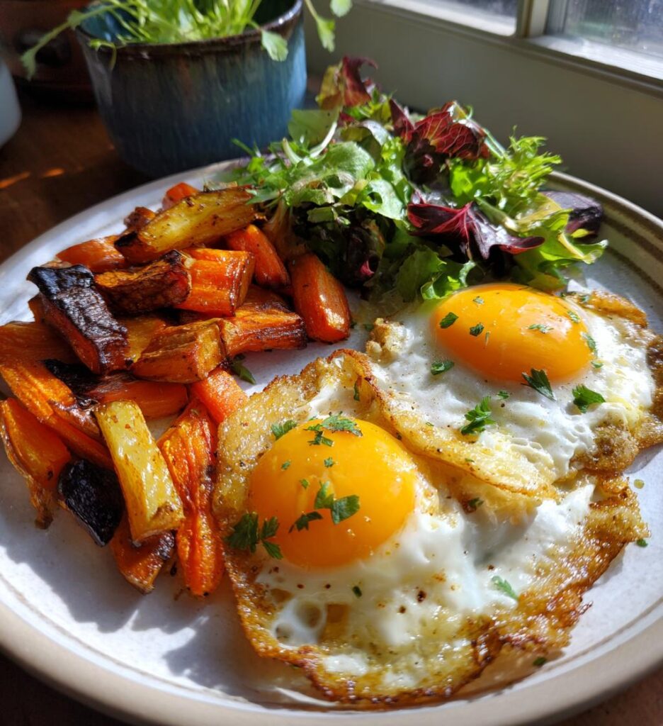 Stekt Ägg med Rotfrukter och Sallad